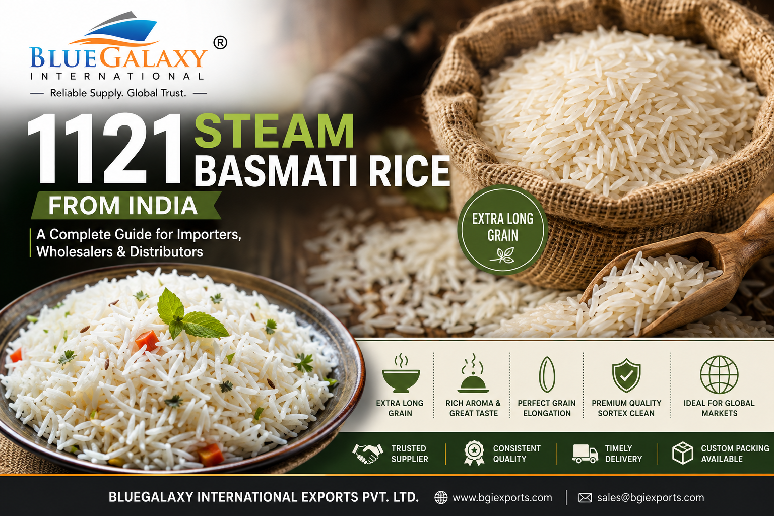 1121 Steam Basmati Rice from India for bulk export and wholesale supply