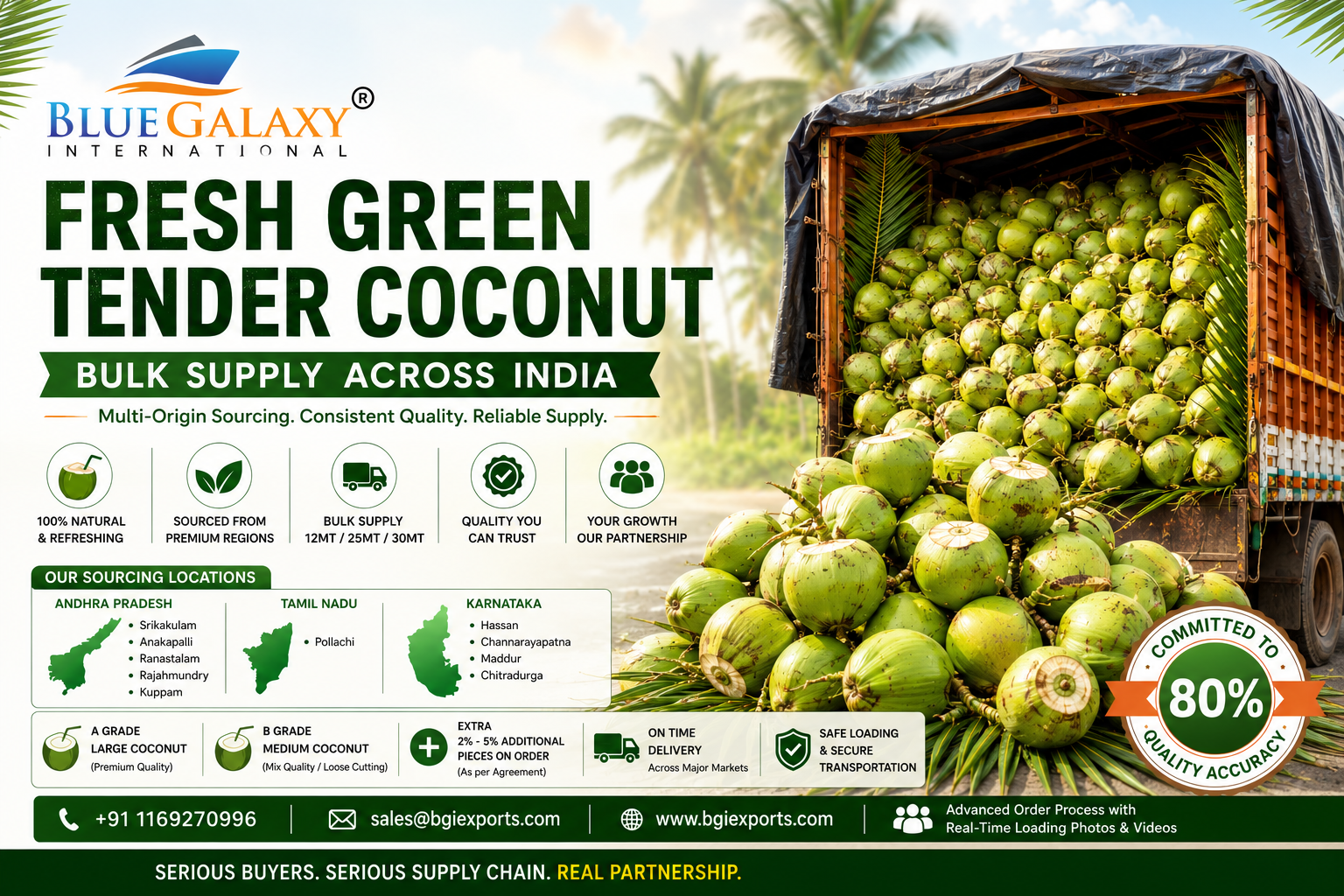 Fresh Green Tender Coconut Supplier in India – Bulk Wholesale Sourcing by BlueGalaxy International Exports
